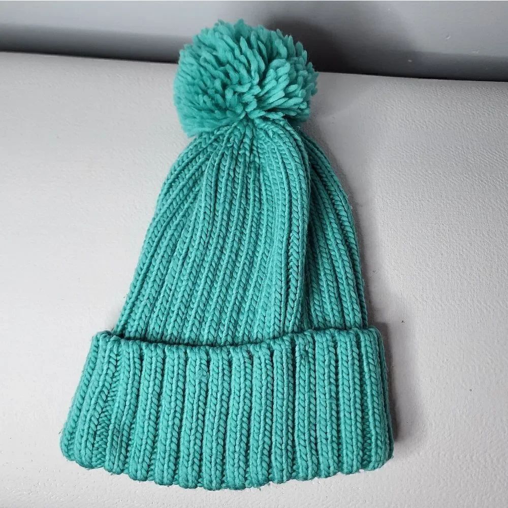 H&M Womens Beanie Toboggan Solid Mint Green One Size Pom Pom On Top